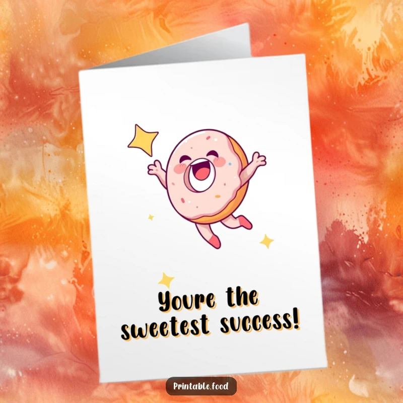 Funny Free Printable Congrats Card: A laughing doughnut character leaping through a starry sky celebrating your win. Downloadable.