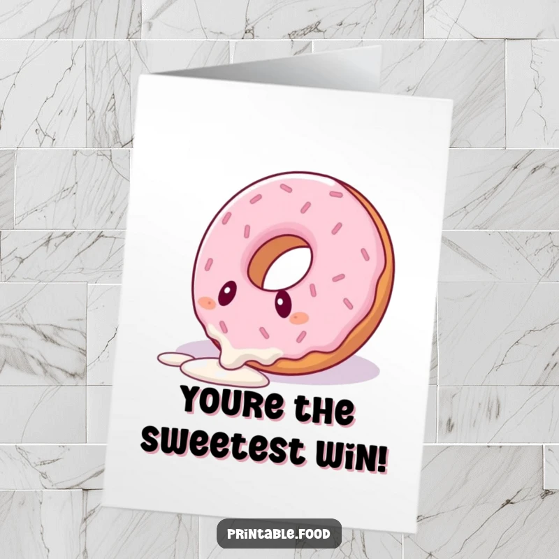 Funny Free Printable Congratulations Card: A donut character hilariously trips over its own thick icing drizzle, mid-fall.