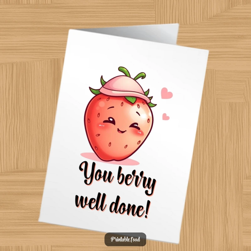 Funny Free Printable Congratulations Card featuring a mischievous strawberry with a small hat giving a knowing wink.