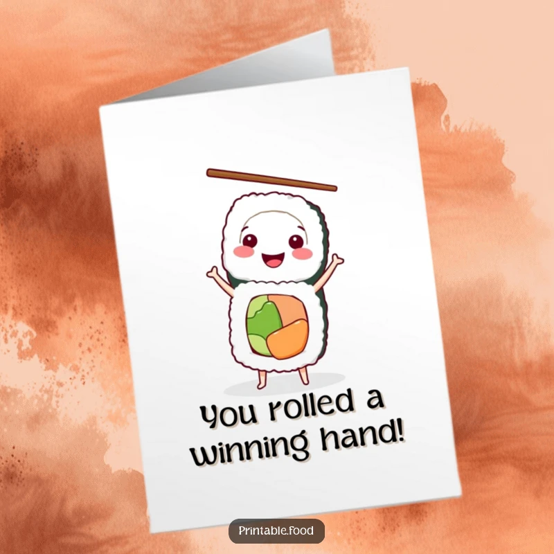 Funny Free Printable Congratulations Card with a smiling sushi roll character doing a handstand with chopsticks.