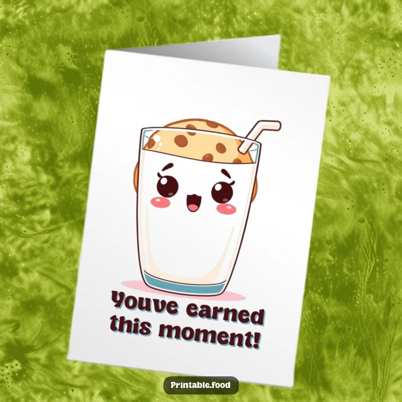 Funny Free Printable Congratulations Card: Wide-eyed cookie character startled, peeking from behind a giant milk glass.