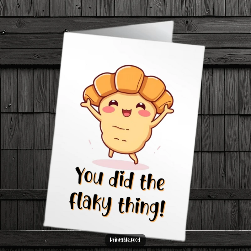 Funny Free Printable Congrats Card: A smiling croissant character performing an energetic jig, celebrating a wonderful success with glee.