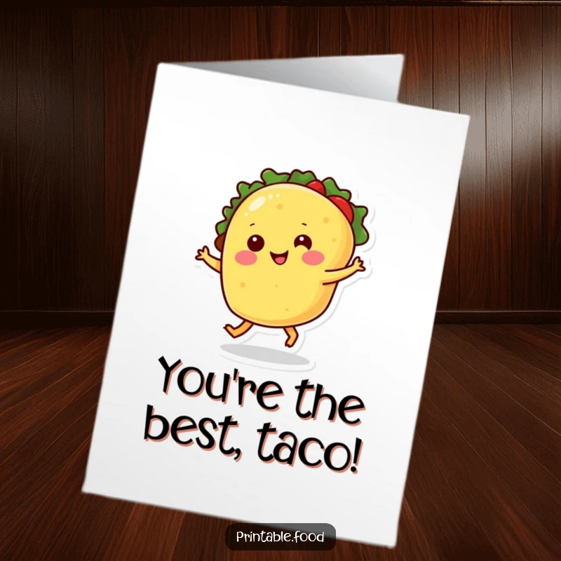 Free Printable Congratulations Card showing a smiling taco with dancing legs spinning merrily, celebrating success with humor.