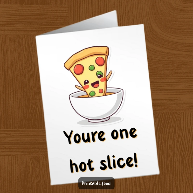 Funny Free Printable Congratulations Card: Excited pizza slice character making a smooth slide into a bowl.