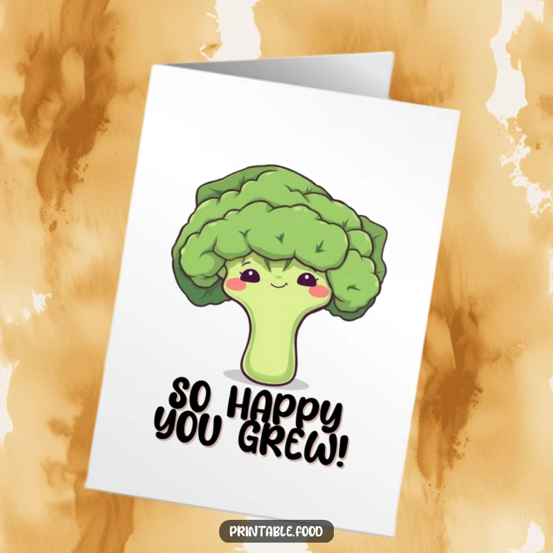 Free Printable Congratulations Card showing a shy broccoli floret peeking out from a leaf, offering a sweet and funny message.