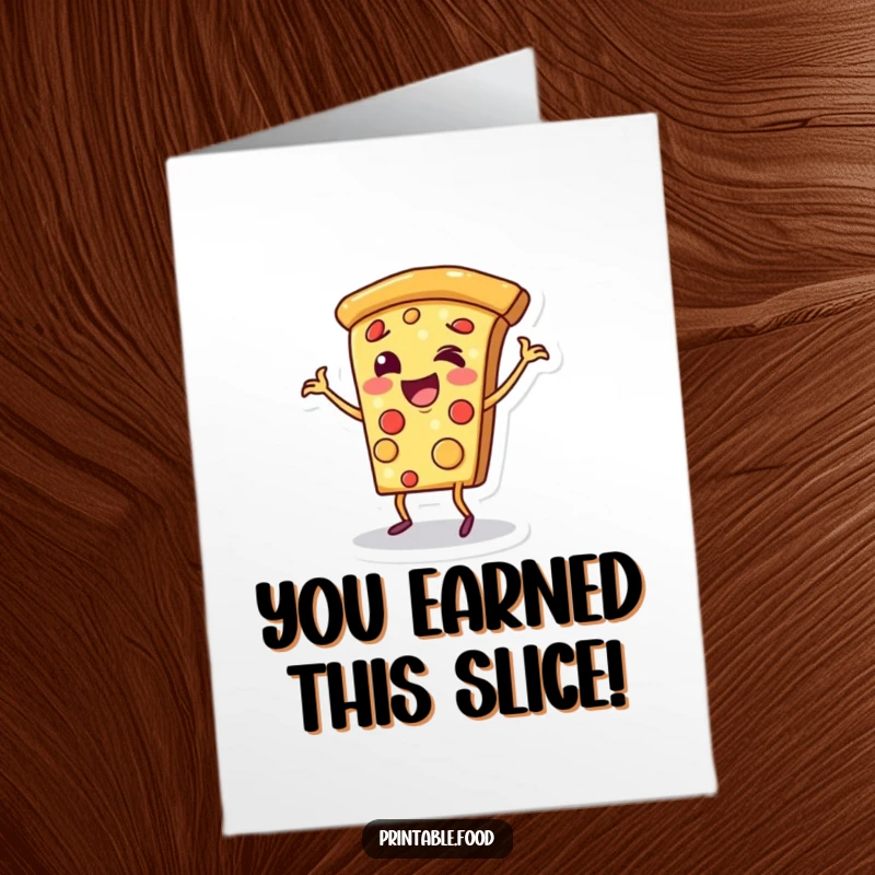 Free Printable Congratulations Card: A cheerful pizza slice character happily dancing on its crust, celebrating achievements.