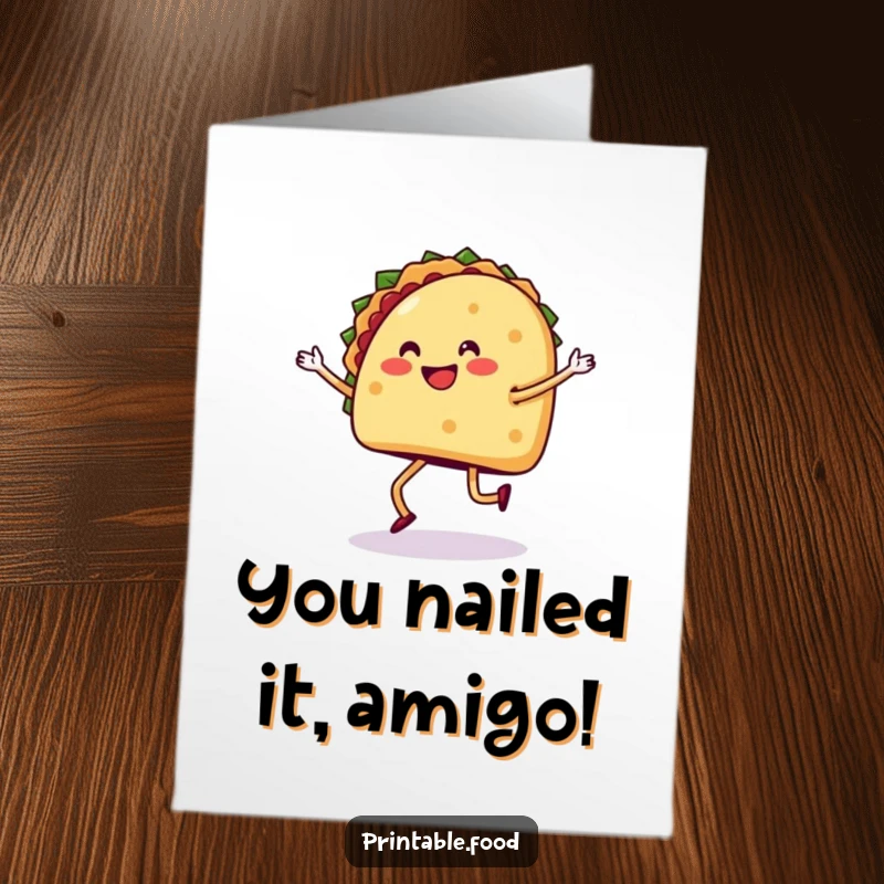 Funny Free Printable Congratulations Card: A cheerful taco with legs dancing energetically in celebration.