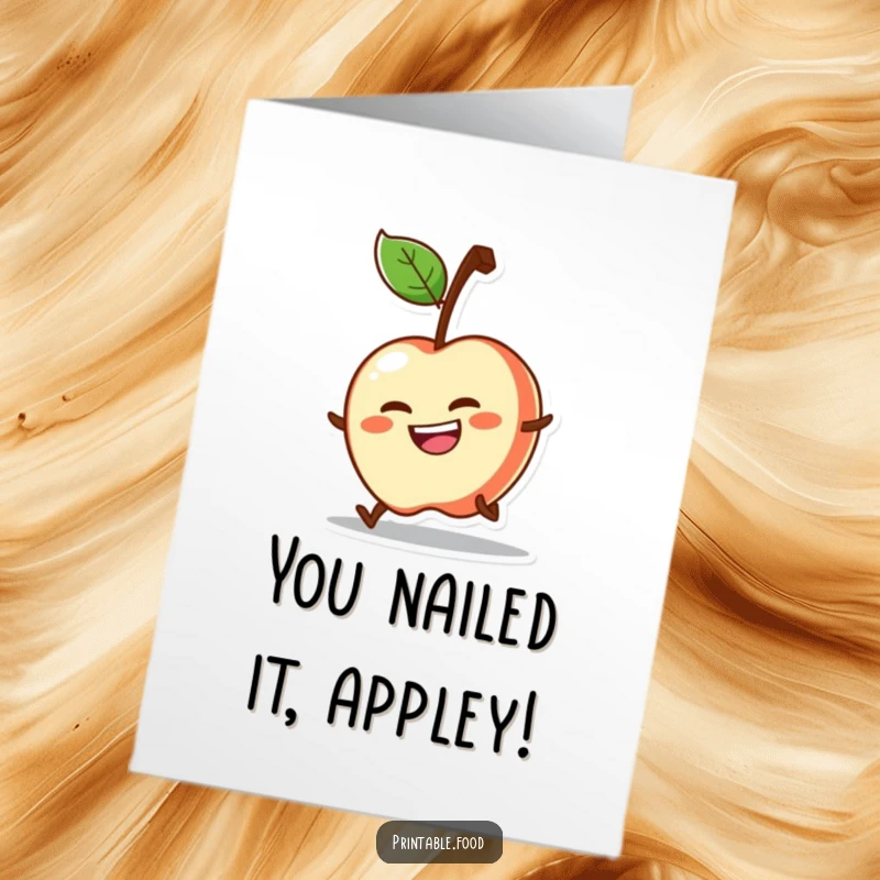 Free Printable Congratulations Card featuring a determined apple character rolling with a grin, celebrating success with humor.