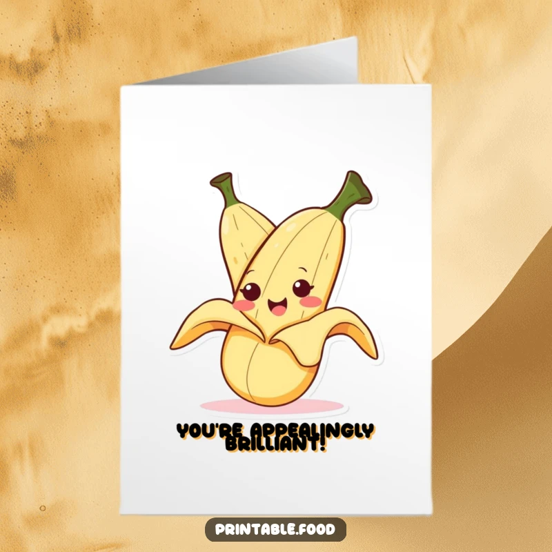 Funny Free Printable Congratulations Card showing a banana character starting to peel itself with a mischievous grin.