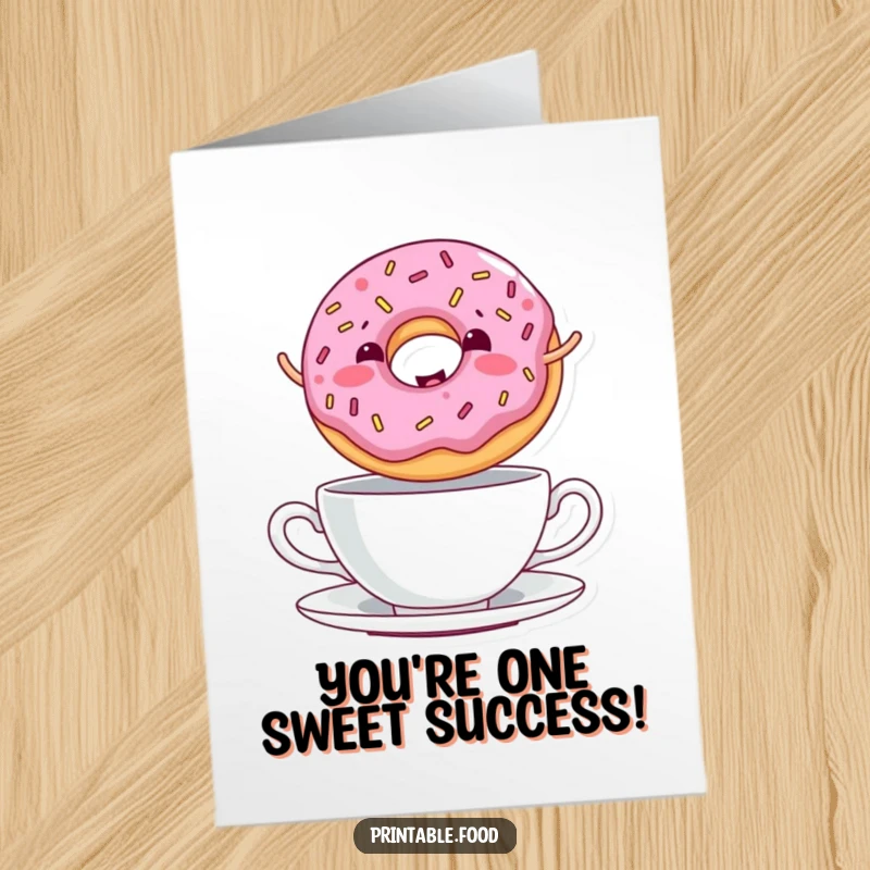 Funny Free Printable Congratulations Card: Giggling donut with sprinkles jumping over a teacup, celebrating a sweet victory.
