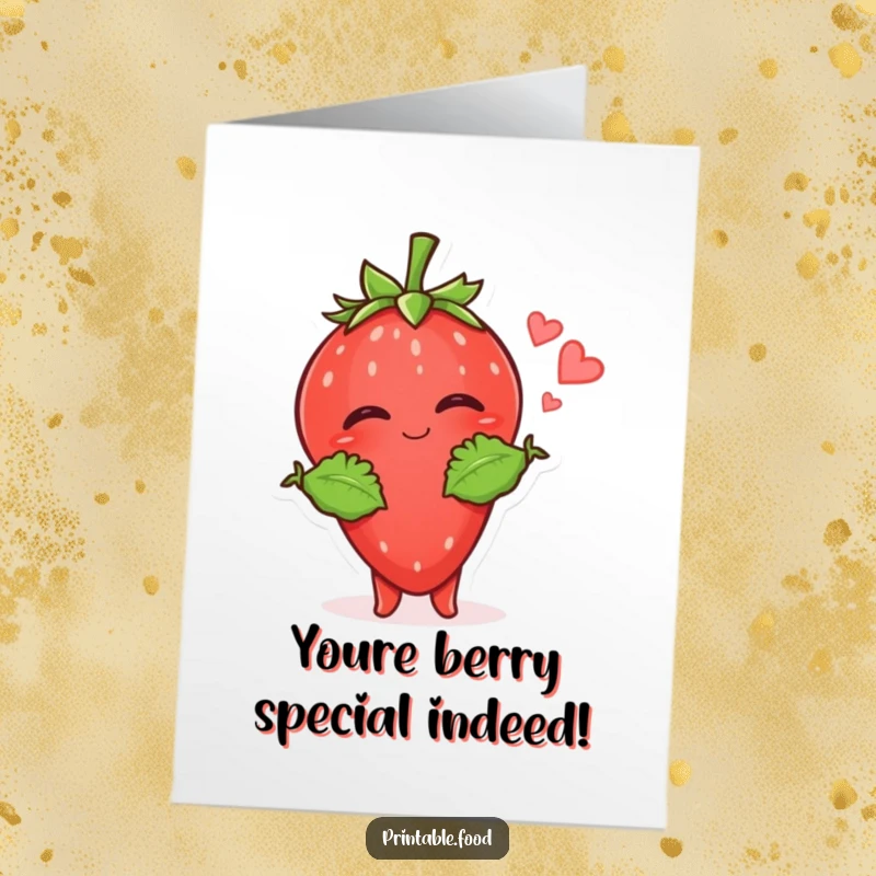Funny Free Printable Congrats Card: Giggling strawberry character with leafy arms blowing a kiss, celebrating achievements, DIY gift.