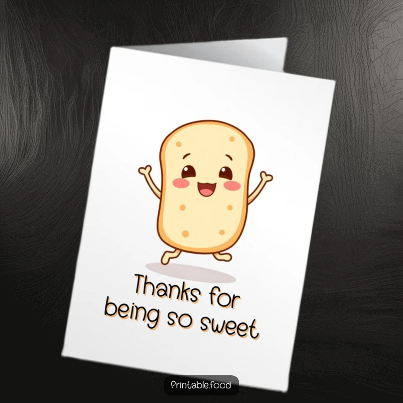Funny Free Printable Bread Roll Thank You Card: A happy bread roll character bounces joyfully, expressing sincere thanks.