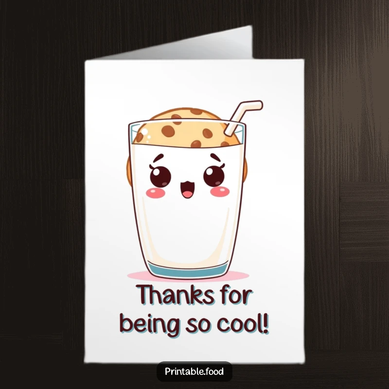 Funny Free Printable Thank You Card: Cookie character looking surprised while peeking behind a massive milk glass.