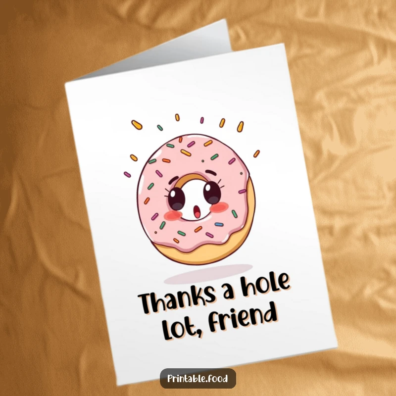Funny Free Printable Thank You Card featuring a surprised donut character with sprinkles falling playfully.