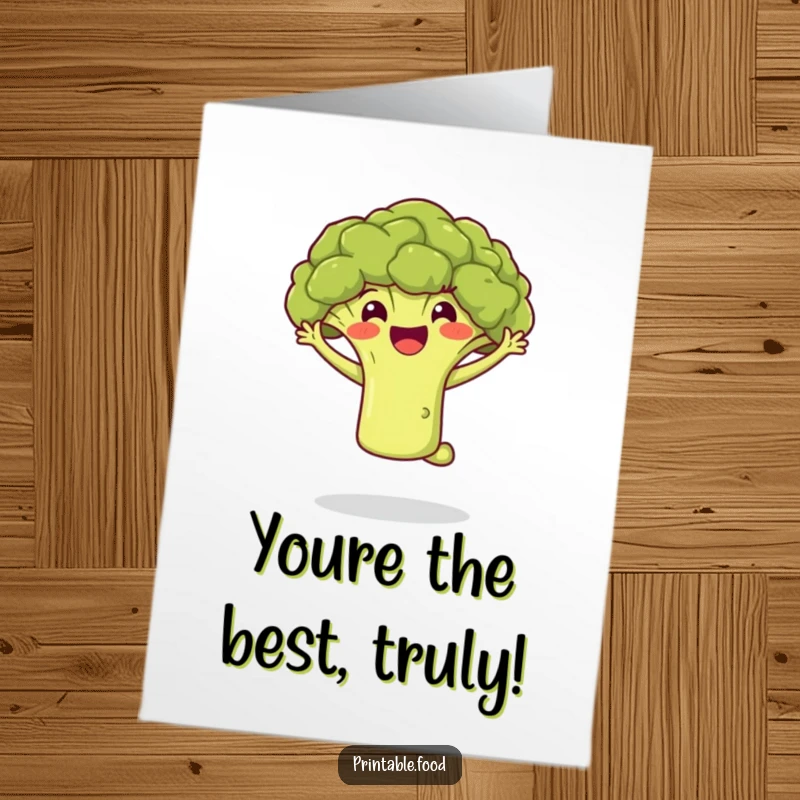 Funny Free Printable Thank You Card: A happy broccoli floret soaring through the air, expressing gratitude with joy.