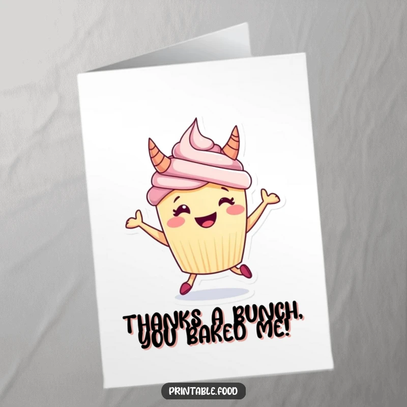 Funny Free Printable Thank You Card: A grinning cupcake with frosting horns hops enthusiastically to say thank you.