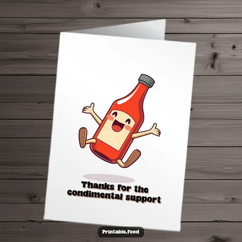Funny Free Printable Thank You Card: A happy ketchup bottle doing a cartwheel, expressing thanks.
