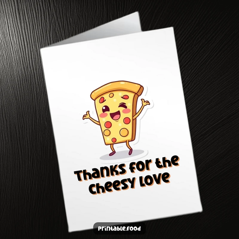 Funny Free Printable Thank You Card: Cheerful pizza slice character dancing on its crust, a fun thank you.