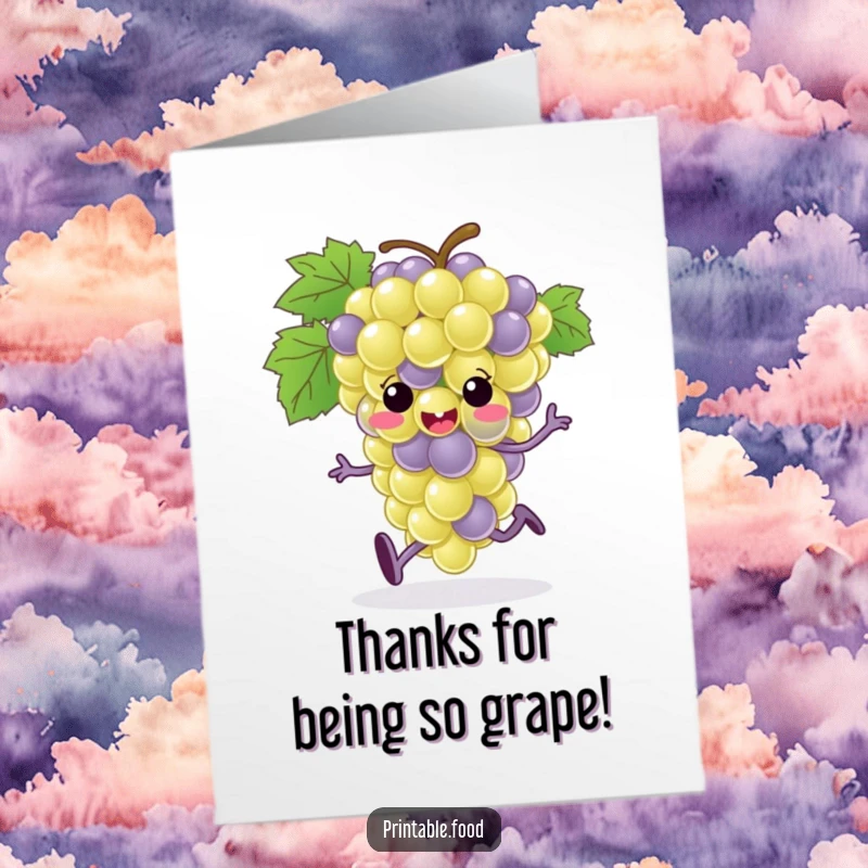 Funny Free Printable Thank You Card: Excited grape bunch character with tiny feet running to express thanks.