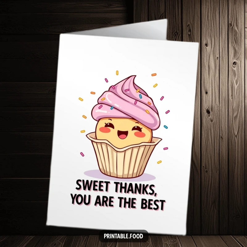 Funny Free Printable Thank You Card featuring a cheerful cupcake character showering confetti from its wrapper.