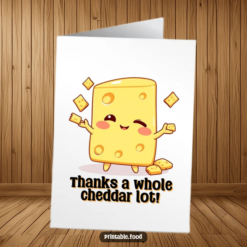 Funny Free Printable Thank You Card of a cheerful cheese wedge character winking and juggling crackers.