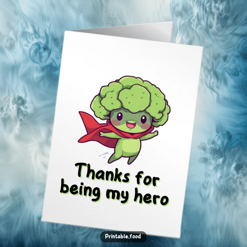 Funny Free Printable Thank You Card: Broccoli character with a cape flying heroically, expressing thanks.