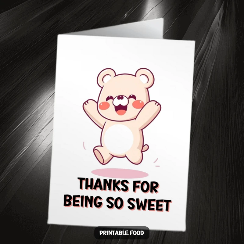 Funny Free Printable Thank You Card: A playful gummy bear character springs up with enthusiastic energy.