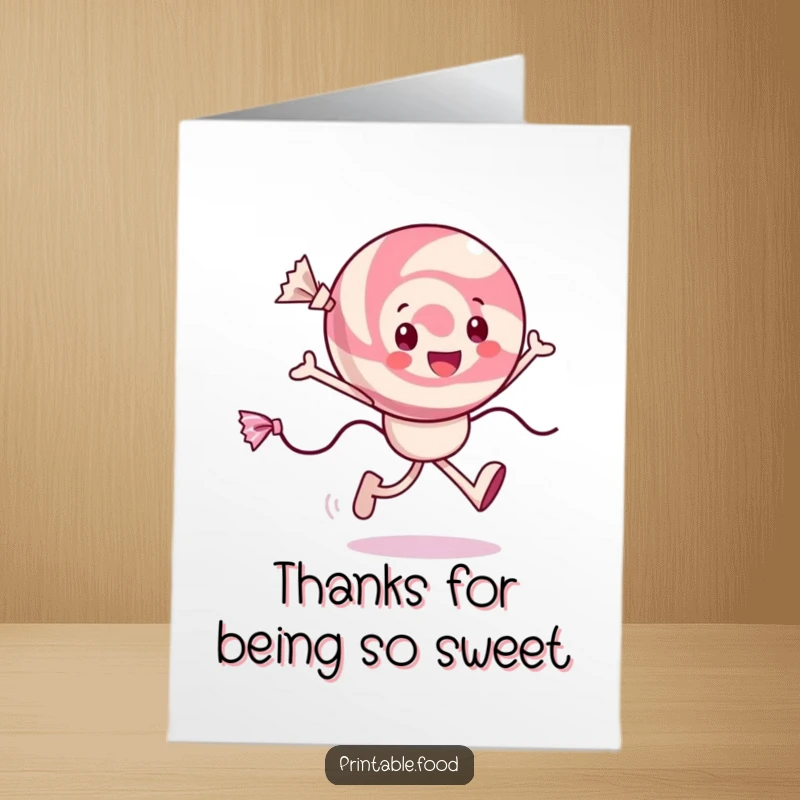 Funny Free Printable Thank You Card featuring a cheerful candy character skipping with joy and trailing wrappers, saying thanks.