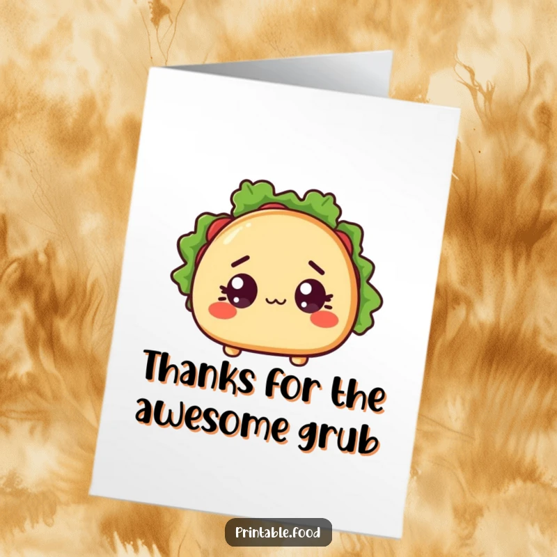 Funny Free Printable Thank You Card: Surprised taco character with wide eyes and a slightly open shell, saying thanks.