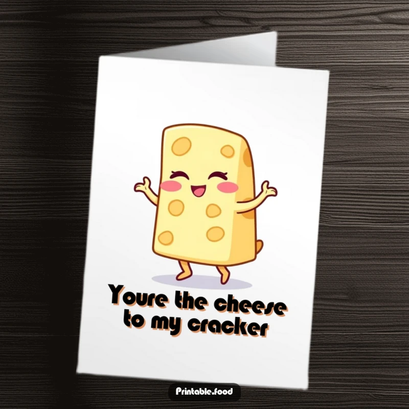 Funny Free Printable Thank You Card: Winking cheese wedge character doing a happy little jig. A cheesy thanks.