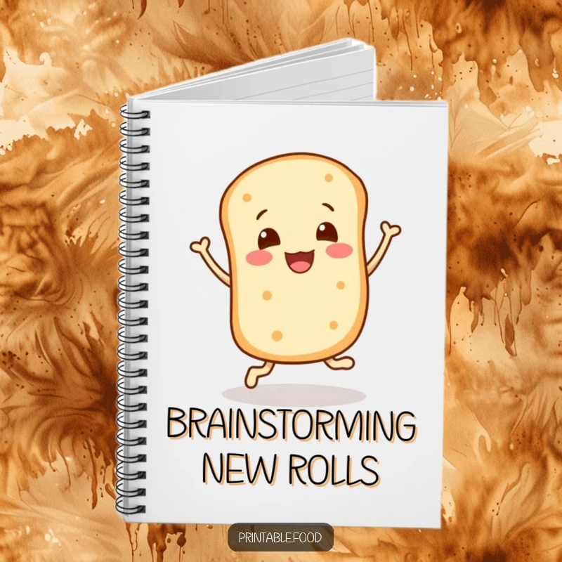 Funny notebook: A happy bread roll character bounces with glee, perfect for jotting down joyful thoughts and plans.