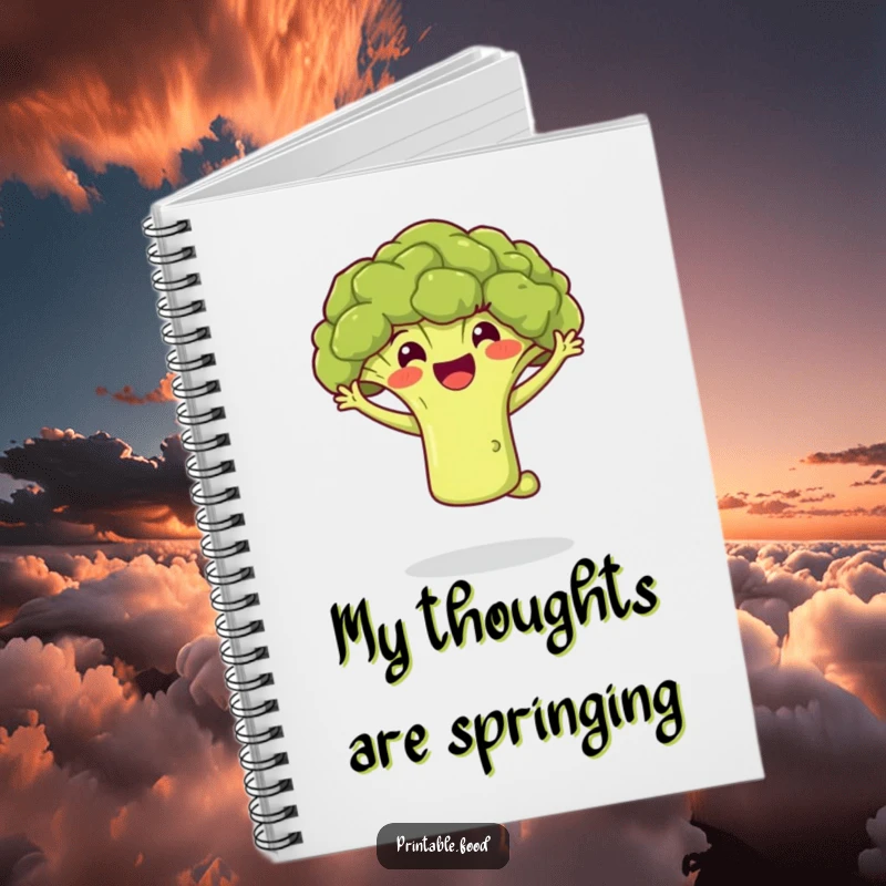 Funny notebook with a vibrant broccoli floret mid-leap on the cover, inspiring joyful note-taking and creative bursts of energy.