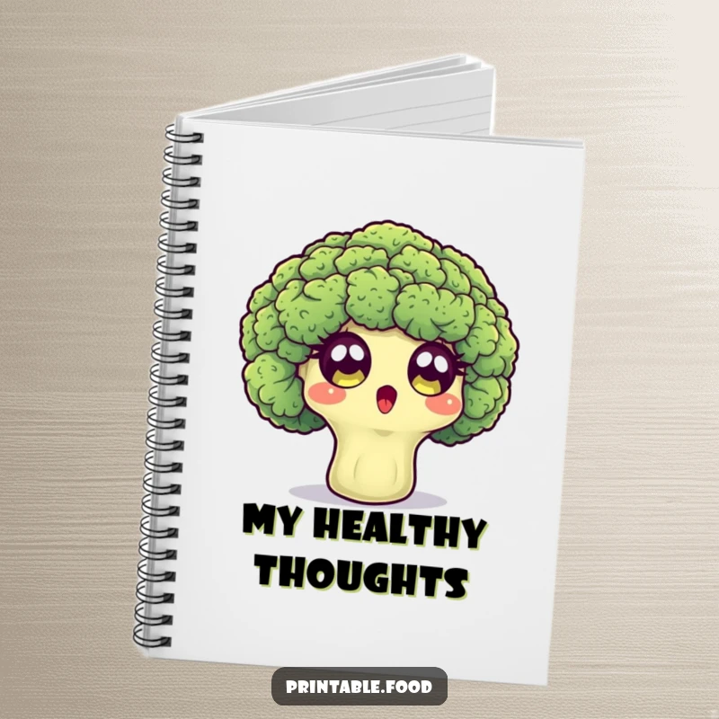 Funny notebook with a surprised broccoli floret character showing wide eyes, for jotting notes with humorous surprise.