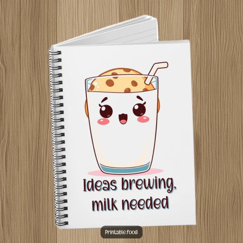 Funny cookie character peeking with surprise from behind a milk glass, on a notebook cover, inspiring playful note-taking.