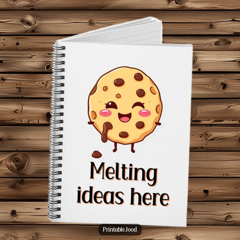 Funny notebook with a happy cookie character and melting chocolate chips, for jotting notes with sweet humor.