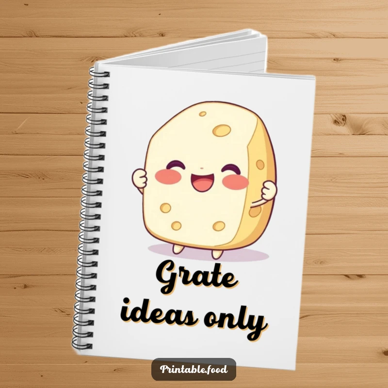 Funny notebook with a cover displaying a delighted, smiling cheese character being pulled apart, perfect for notes.