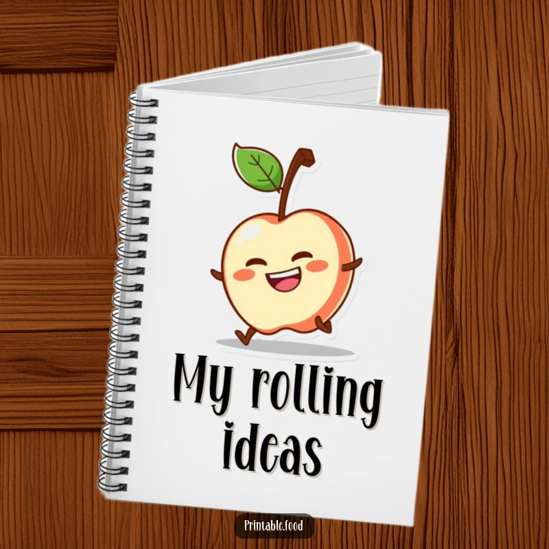 Funny notebook featuring a determined apple character rolling downhill with a grin, perfect for capturing ambitious thoughts.