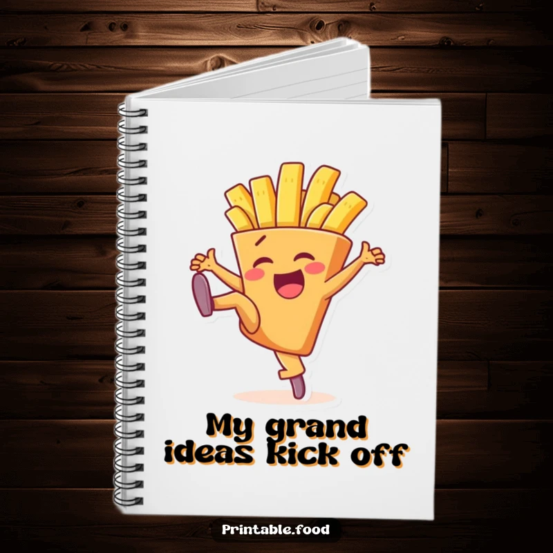 Funny notebook with a delighted french fry character doing a high kick, inspiring doodles and notes with playful energy.