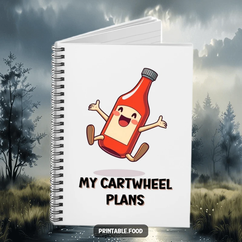 Funny notebook cover featuring a joyful ketchup bottle doing a cartwheel, ideal for jotting down saucy ideas.