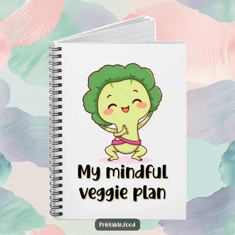 Funny Notebook: Cover depicts a broccoli character in a yoga pose, inspiring calm thoughts, humorous stationery for wellness.