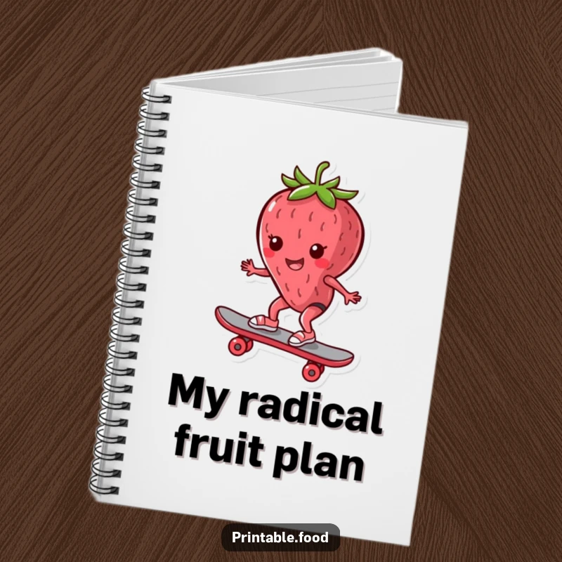 Funny Notebook: Cover illustrates a strawberry character on a skateboard, planning a route, humorous stationery for skaters.