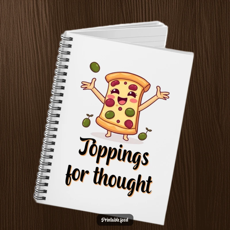 Funny notebook featuring a pizza slice character catching falling olives, ideal for jotting down recipes and pizza-related thoughts.