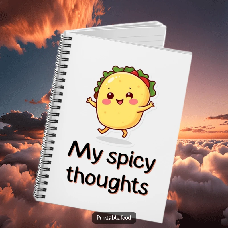 Funny notebook with a smiling taco character dancing with its legs, perfect for jotting down recipes or party ideas.