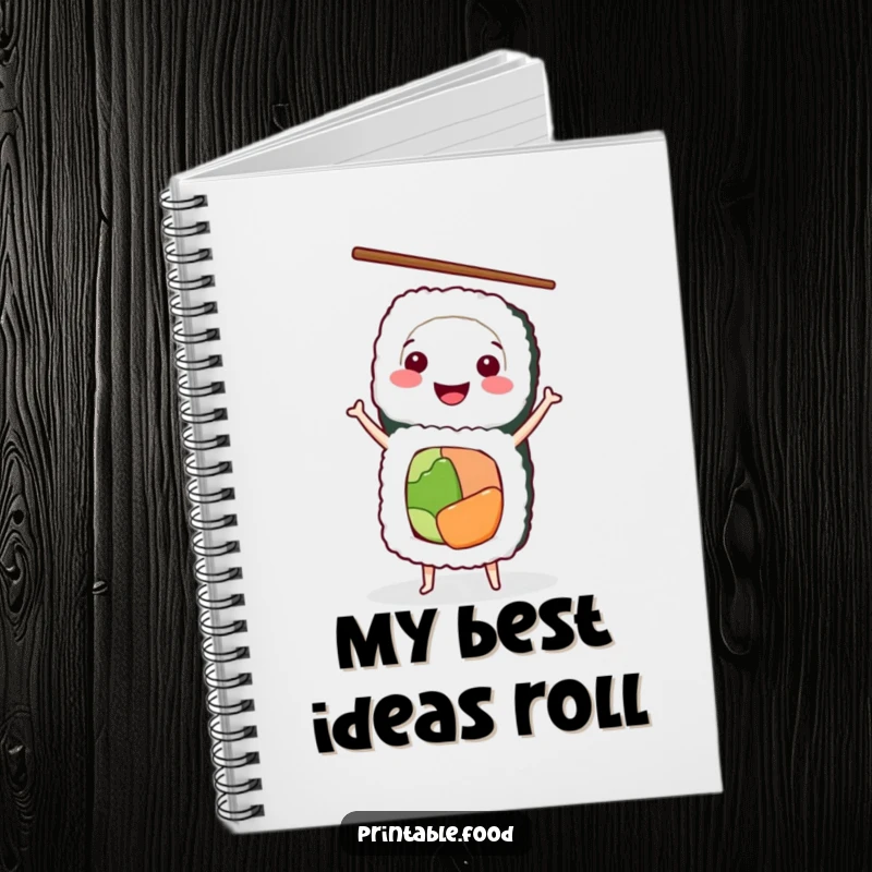 Funny Notebook with a smiling sushi roll character in a handstand, holding chopsticks, perfect for culinary notes.