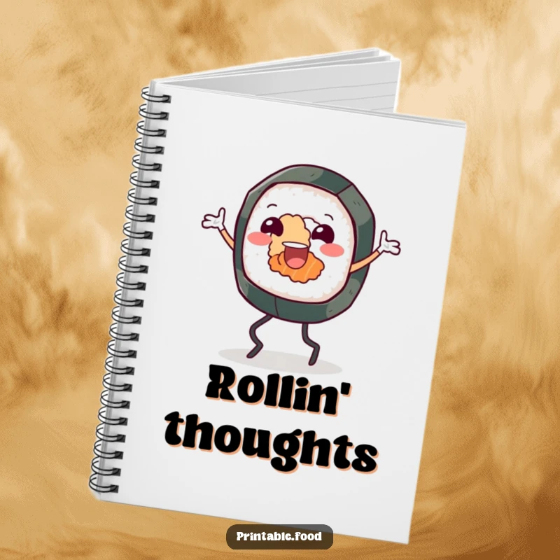 Funny notebook cover featuring a cheerful sushi roll character with legs, performing an energetic jig, inspiring creative notes.