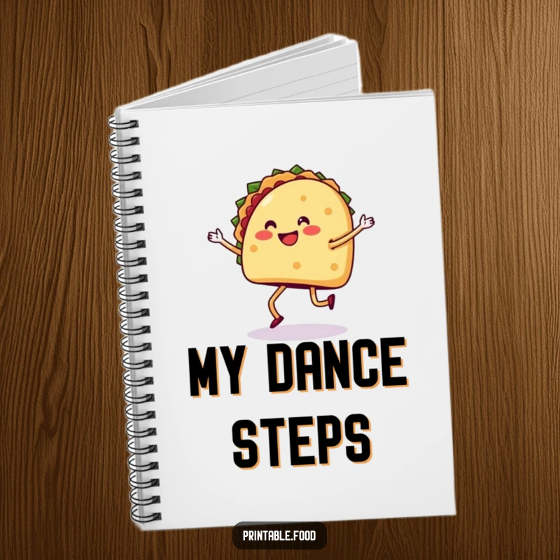 Funny notebook cover featuring a taco with legs dancing the salsa, perfect for jotting down fiesta-inspired ideas.