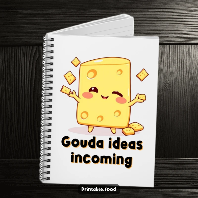 Funny notebook featuring a winking cheese wedge character juggling crackers, perfect for notes, recipes, and cheesy jokes.