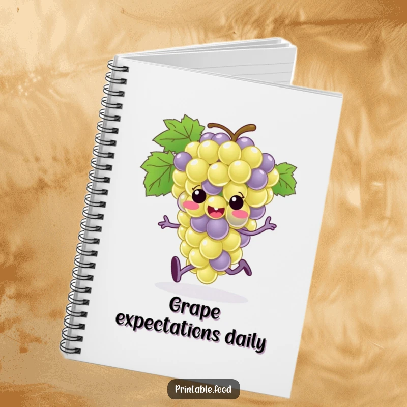 Funny grape bunch character with tiny feet running across the cover of a notebook, ideal for jotting down thoughts humorously.