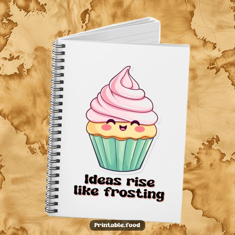 Funny notebook with a playful cupcake character, its frosting hilariously rising and falling, ideal for notes, sketches, and baking secrets.