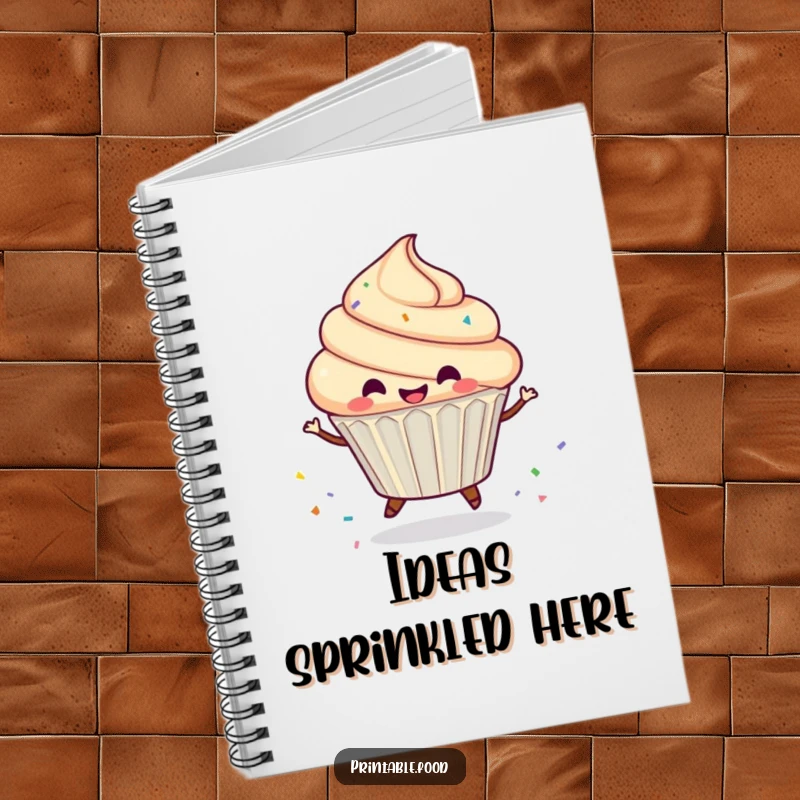 Funny Notebook cover with a gleeful cupcake character in a spinning motion, leaving a whimsical trail of colorful sprinkles.